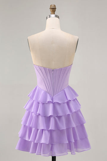 Purple Corset Tiered Ruffle Strapless A-Line Homecoming Dress